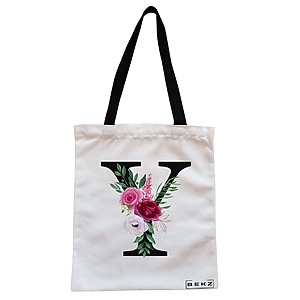 Geanta Canvas Tote pentru femei, Cu litera Y si Trandafiri, 38x34.5 cm, Alba, BEKZ®