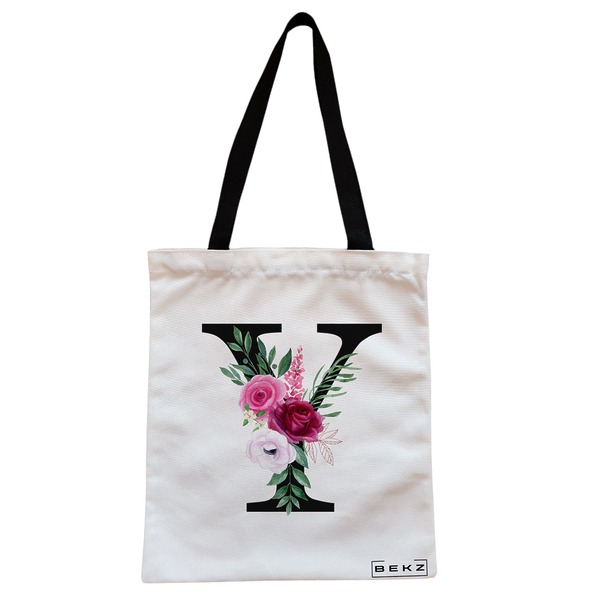 Geanta Canvas Tote pentru femei, Cu litera Y si Trandafiri, 38x34.5 cm, Alba, BEKZ® 1 Geanta Canvas Tote pentru femei Cu litera Y si Trandafiri 38x34.5 cm Alba BEKZ®