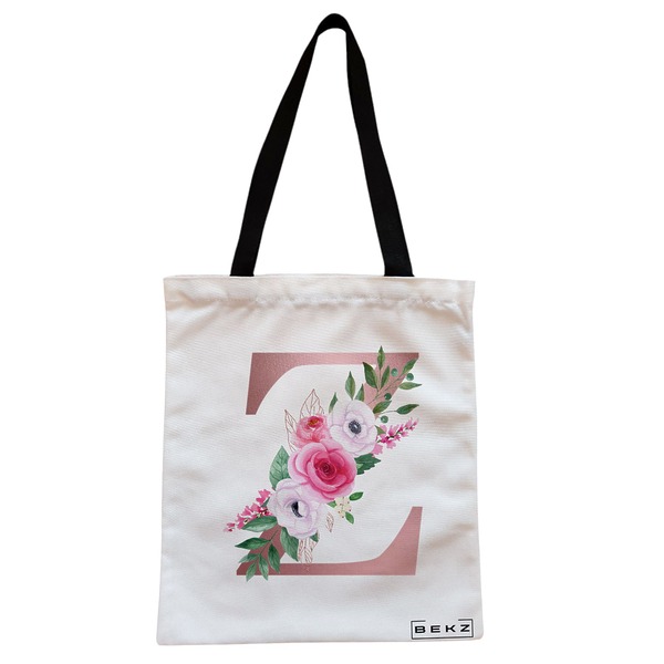 Geanta Canvas Tote pentru femei, Cu litera Z Rose Gold si Trandafiri, 38x34.5 cm, Alba, BEKZ® 1 Geanta Canvas Tote pentru femei Cu litera Z Rose Gold si Trandafiri 38x34.5 cm Alba BEKZ®