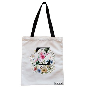 Geanta Canvas Tote pentru femei, Cu litera Z in Coronita Florala, 38x34.5 cm, Alba, BEKZ®
