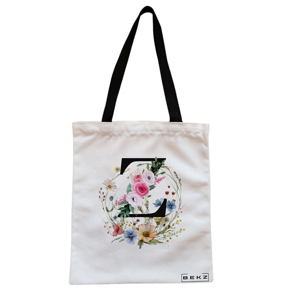 Geanta Canvas Tote pentru femei, Cu litera Z in Coronita Florala, 38x34.5 cm, Alba, BEKZ® 1 Geanta Canvas Tote pentru femei Cu litera Z in Coronita Florala 38x34.5 cm Alba BEKZ®