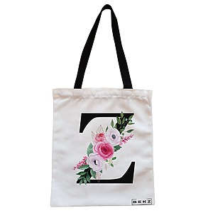 Geanta Canvas Tote pentru femei, Cu litera Z si Trandafiri, 38x34.5 cm, Alba, BEKZ®