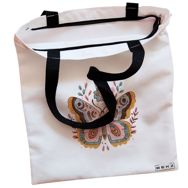 Geanta Canvas Tote pentru femei Flower Butterfly 38x34.5 cm Alba BEKZ® 1