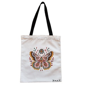 Geanta Canvas Tote pentru femei Flower Butterfly, 38x34.5 cm, Alba, BEKZ®
