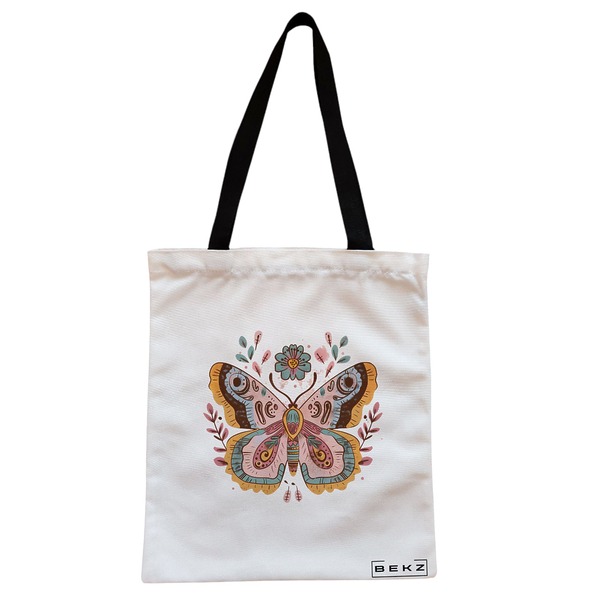 Geanta Canvas Tote pentru femei Flower Butterfly 38x34.5 cm Alba BEKZ®