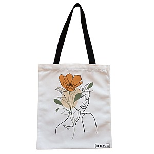 Geanta Canvas Tote pentru femei, Flower Lady 1, 38x34.5 cm, Alba, BEKZ®