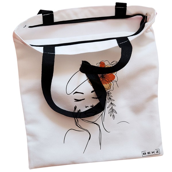 Geanta Canvas Tote pentru femei Flower Lady 13 38x34.5 cm Alba BEKZ® 1