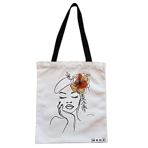 Geanta Canvas Tote pentru femei, Flower Lady 13, 38x34.5 cm, Alba, BEKZ®