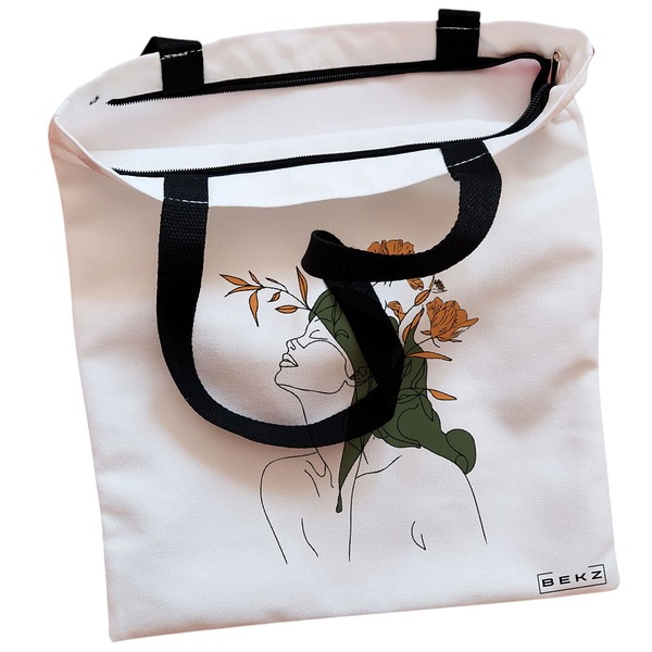 Geanta Canvas Tote pentru femei Flower Lady 14 38x34.5 cm Alba BEKZ® 1