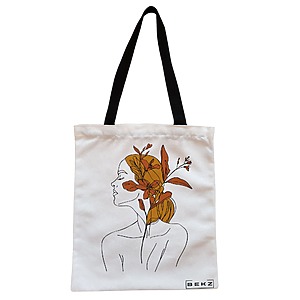 Geanta Canvas Tote pentru femei, Flower Lady 17, 38x34.5 cm, Alba, BEKZ®