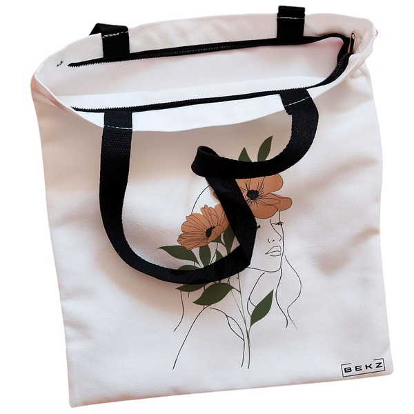 Geanta Canvas Tote pentru femei Flower Lady 18 38x34.5 cm Alba BEKZ® 1