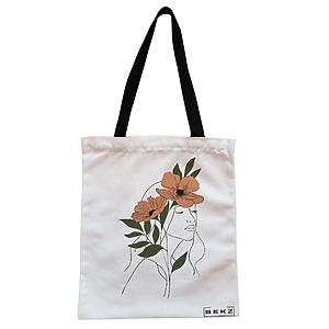 Geanta Canvas Tote pentru femei, Flower Lady 18, 38x34.5 cm, Alba, BEKZ®