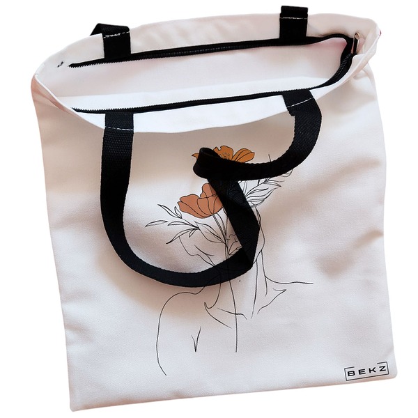 Geanta Canvas Tote pentru femei Flower Lady 2 38x34.5 cm Alba BEKZ® 1