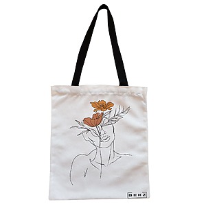 Geanta Canvas Tote pentru femei, Flower Lady 2, 38x34.5 cm, Alba, BEKZ®