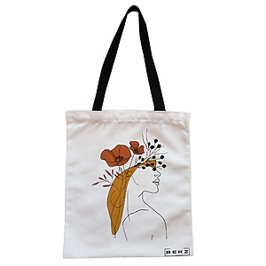 Geanta Canvas Tote pentru femei, Flower Lady 20, 38x34.5 cm, Alba, BEKZ®