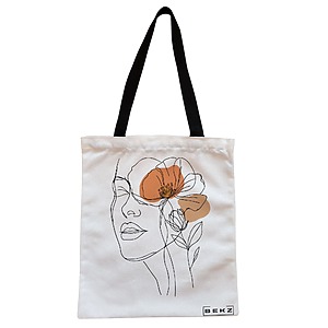Geanta Canvas Tote pentru femei, Flower Lady 4, 38x34.5 cm, Alba, BEKZ®