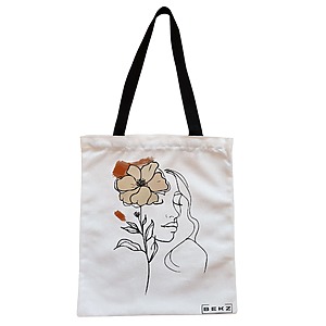 Geanta Canvas Tote pentru femei, Flower Lady 5, 38x34.5 cm, Alba, BEKZ®