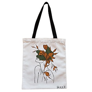 Geanta Canvas Tote pentru femei, Flower Lady 6, 38x34.5 cm, Alba, BEKZ®
