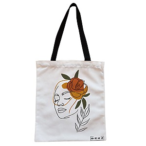 Geanta Canvas Tote pentru femei, Flower Lady 7, 38x34.5 cm, Alba, BEKZ®