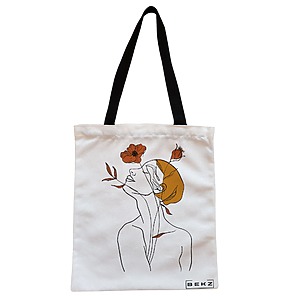 Geanta Canvas Tote pentru femei, Flower Lady 8, 38x34.5 cm, Alba, BEKZ®