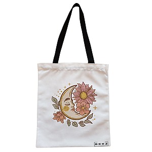 Geanta Canvas Tote pentru femei Moon Flowers, 38x34.5 cm, Alba, BEKZ®