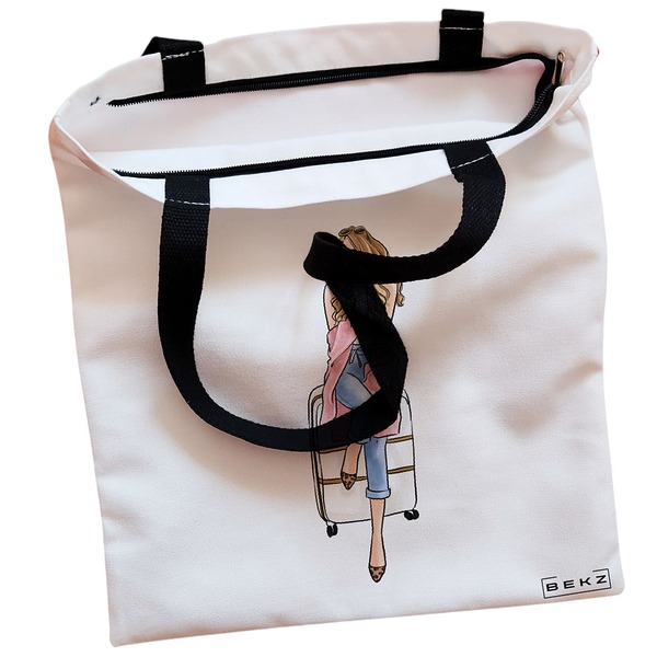 Geanta Canvas Tote pentru femei Travel Girl 2 38x34.5 cm Alba BEKZ® 1