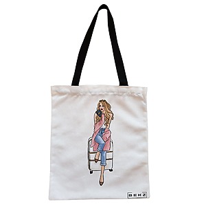 Geanta Canvas Tote pentru femei Travel Girl 2, 38x34.5 cm, Alba, BEKZ®