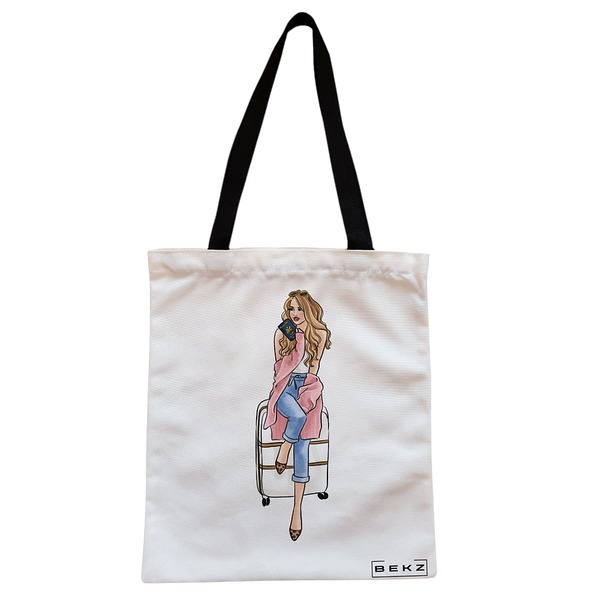 Geanta Canvas Tote pentru femei Travel Girl 2 38x34.5 cm Alba BEKZ®