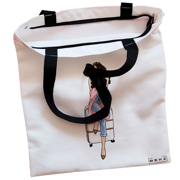 Geanta Canvas Tote pentru femei Travel Girl 3 38x34.5 cm Alba BEKZ® 1