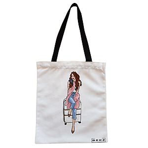 Geanta Canvas Tote pentru femei Travel Girl, 38x34.5 cm, Alba, BEKZ®