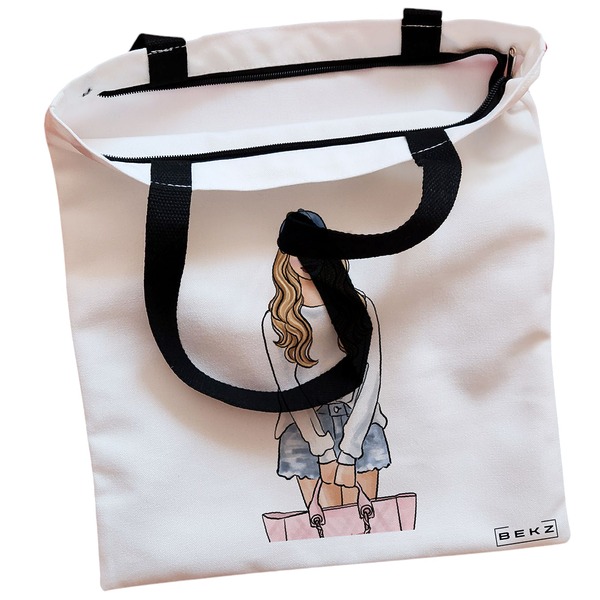 Geanta Canvas Tote pentru femei Travel Girl 4 38x34.5 cm Alba BEKZ® 1