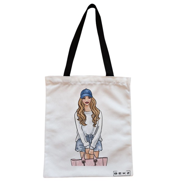 Geanta Canvas Tote pentru femei Travel Girl 4 38x34.5 cm Alba BEKZ®