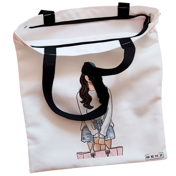Geanta Canvas Tote pentru femei Travel Girl 6 38x34.5 cm Alba BEKZ® 1