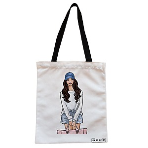 Geanta Canvas Tote pentru femei Travel Girl 6, 38x34.5 cm, Alba, BEKZ®