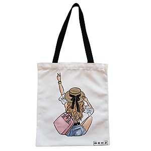 Geanta Canvas Tote pentru femei Travel Girl 7, 38x34.5 cm, Alba, BEKZ®