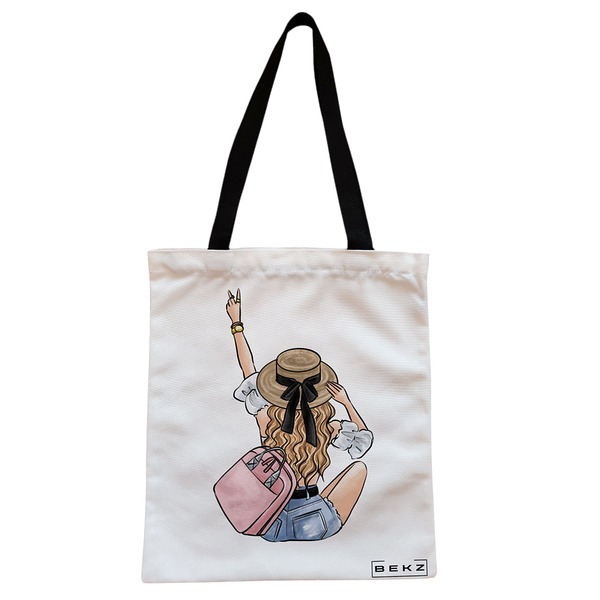 Geanta Canvas Tote pentru femei Travel Girl 7 38x34.5 cm Alba BEKZ®