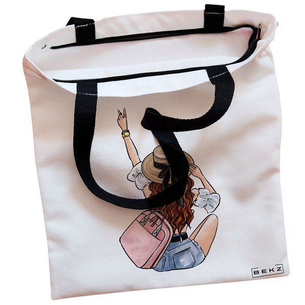Geanta Canvas Tote pentru femei Travel Girl 8 38x34.5 cm Alba BEKZ® 1