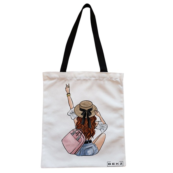 Geanta Canvas Tote pentru femei Travel Girl 8 38x34.5 cm Alba BEKZ®