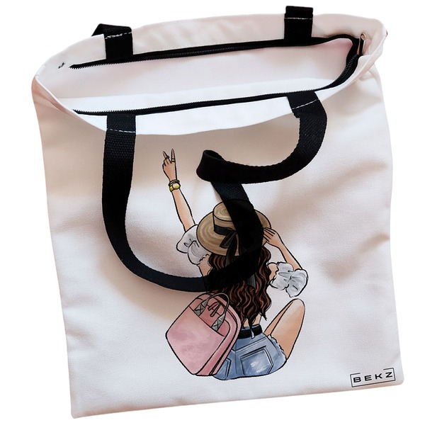 Geanta Canvas Tote pentru femei Travel Girl 9 38x34.5 cm Alba BEKZ® 1
