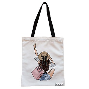 Geanta Canvas Tote pentru femei Travel Girl 9, 38x34.5 cm, Alba, BEKZ®