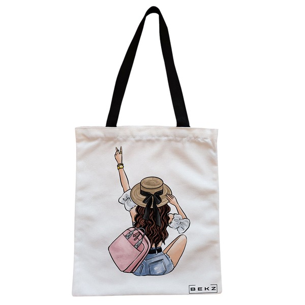 Geanta Canvas Tote pentru femei Travel Girl 9 38x34.5 cm Alba BEKZ®