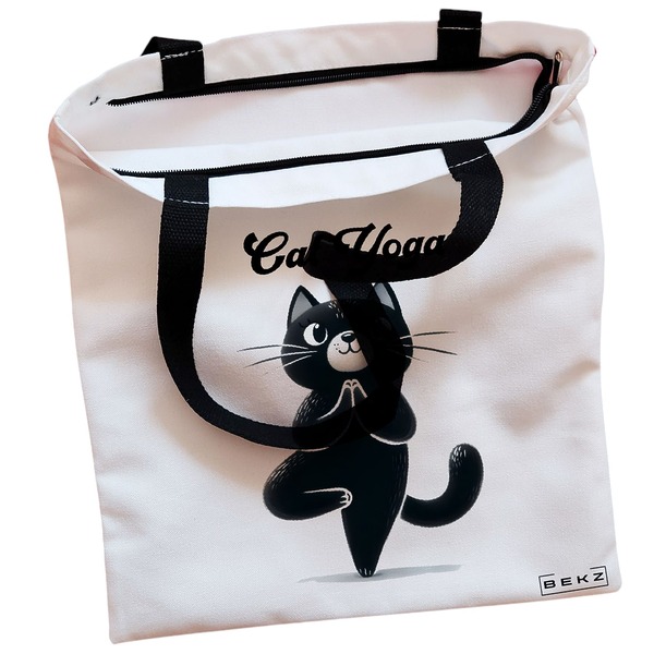Geanta Canvas Tote pentru femei Yoga Cat 38x34.5 cm Alba BEKZ® 1