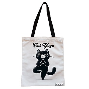 Geanta Canvas Tote pentru femei Yoga Cat, 38x34.5 cm, Alba, BEKZ®
