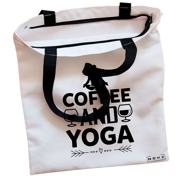 Geanta Canvas Tote pentru femei Yoga Coffee and Yoga 38x34.5 cm Alba BEKZ® 1