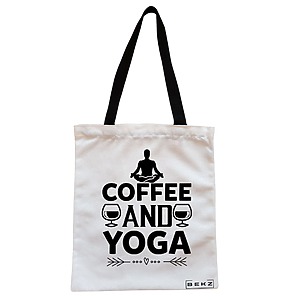 Geanta Canvas Tote pentru femei Yoga Coffee and Yoga, 38x34.5 cm, Alba, BEKZ®