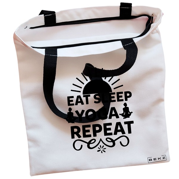 Geanta Canvas Tote pentru femei Yoga Eat Sleap Yoga Repeat, 38x34.5 cm, Alba, BEKZ® 2 Geanta Canvas Tote pentru femei Yoga Eat Sleap Yoga Repeat 38x34.5 cm Alba BEKZ® 1