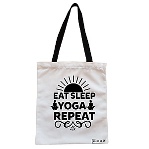 Geanta Canvas Tote pentru femei Yoga Eat Sleap Yoga Repeat, 38x34.5 cm, Alba, BEKZ®