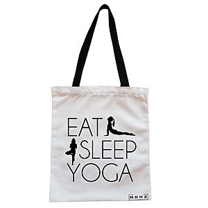 Geanta Canvas Tote pentru femei Yoga Eat Sleep Yoga, 38x34.5 cm, Alba, BEKZ®