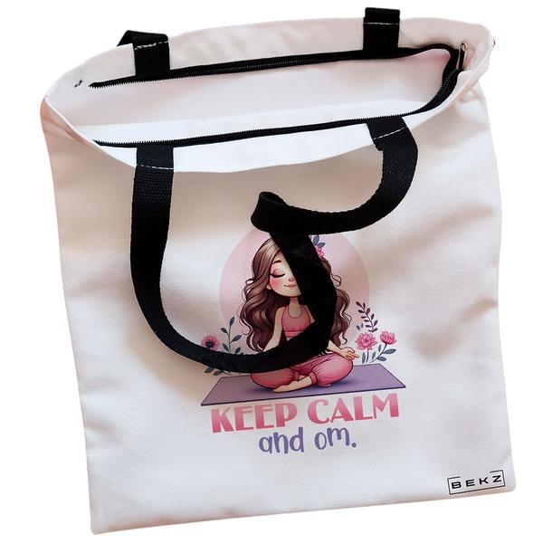 Geanta Canvas Tote pentru femei Yoga Keep calm and Om 38x34.5 cm Alba BEKZ® 1