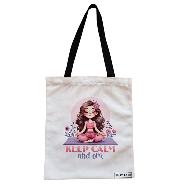 Geanta Canvas Tote pentru femei Yoga Keep calm and Om 38x34.5 cm Alba BEKZ®
